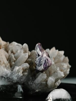 An elegant amethyst crystal on a quartz cluster against a black backdrop.